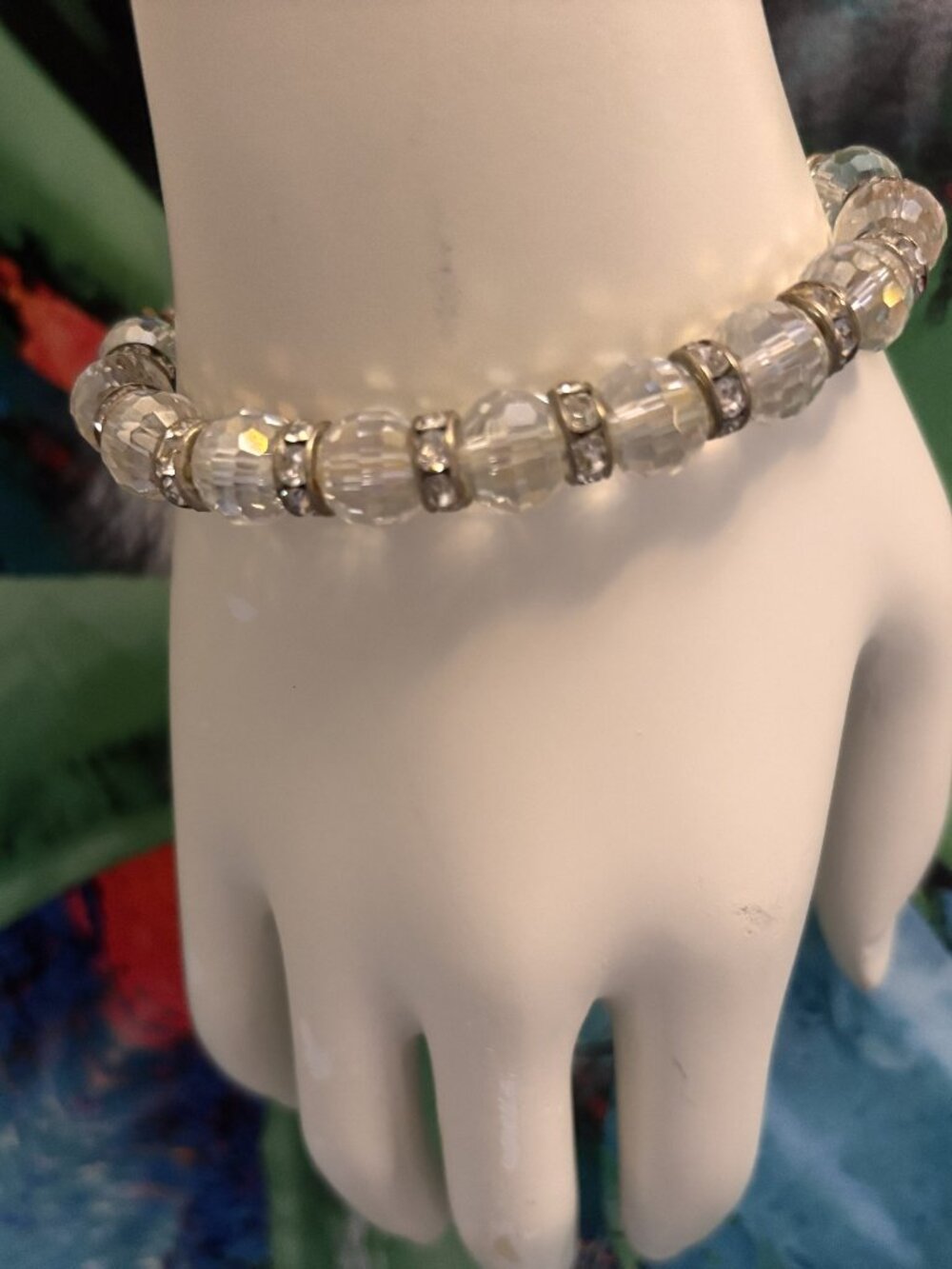 Clear Crystal Beaded Stretch Bracelet Rhinestone Spacers Gold Tone 3"